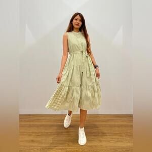 Uniqlo Slub Cotton Gingham Check Sleeveless Button Top Midi Dress